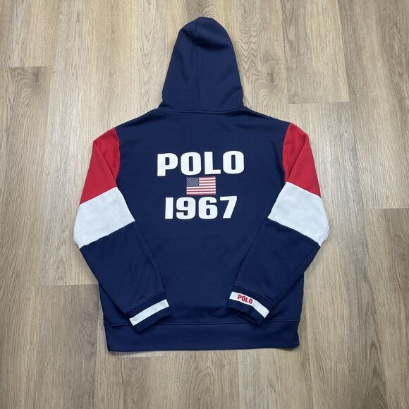 Polo Ralph Lauren Hoodie Mens Large Navy Red White Colorblock 1967 Flag Pony - Picture 5 of 13